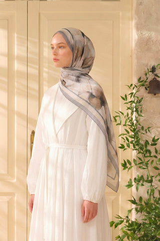 Moi Scarf Souffle du Matin Fransız İpeği Desenli Şal Bej