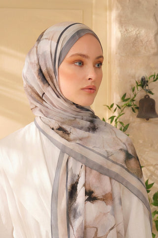 Moi Scarf Souffle du Matin Fransız İpeği Desenli Şal Bej