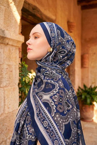 Moi Scarf PAİSLEY SHADOW Superior Soft Etnik Desenli Şal Çivit