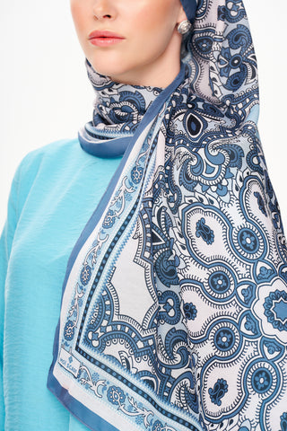 Moi Scarf Ombre Paisley Supérieure Soft Desenli Şal Koyu Mavi
