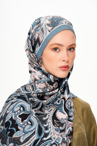 Moi Scarf Fleur Noire Zéro Poids Desenli Şal Mavi