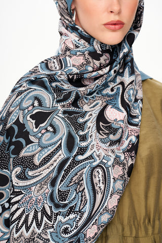 Moi Scarf Fleur Noire Zéro Poids Desenli Şal Mavi