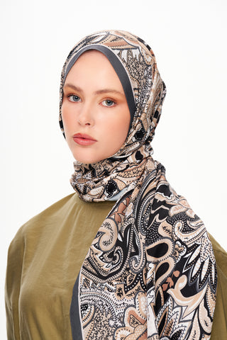Moi Scarf Fleur Noire Zéro Poids Desenli Şal Bej