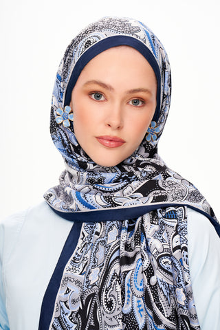 Moi Scarf Fleur Noire Zéro Poids Desenli Şal Derin Mavi