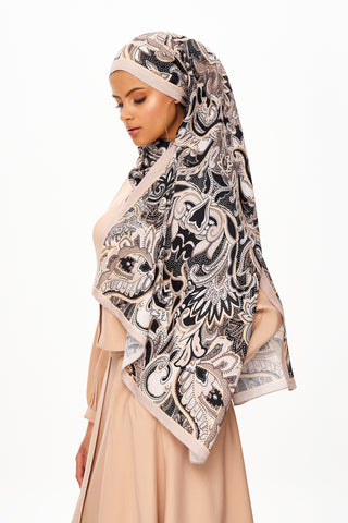 Moi Scarf Fleur Noire Zéro Poids Desenli Şal Açık Bej
