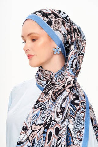 Moi Scarf Fleur Noire Zéro Poids Desenli Şal Açık Mavi