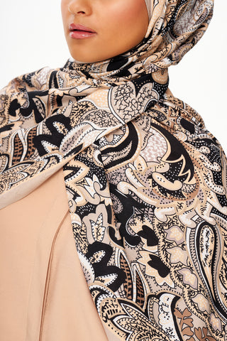 Moi Scarf Fleur Noire Zéro Poids Desenli Şal Koyu Bej