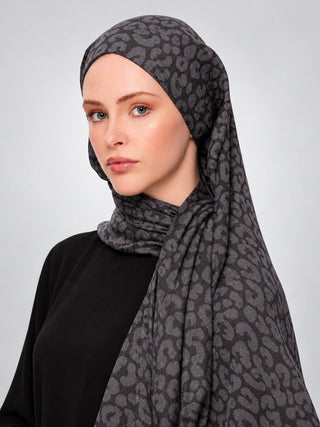 Leopar Desen Premium Jakarlı Şal - Antrasit