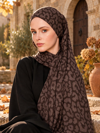 Leopar Desen Premium Jakarlı Şal - Kahverengi