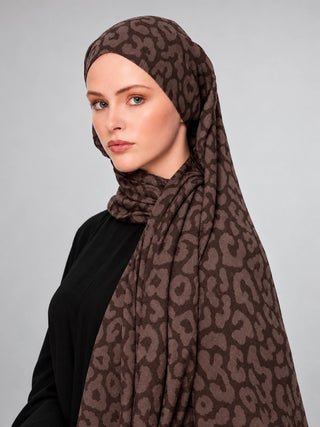 Leopar Desen Premium Jakarlı Şal - Kahverengi