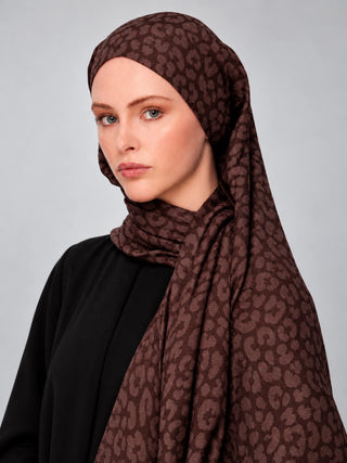 Leopar Desen Premium Jakarlı Şal - Kakao