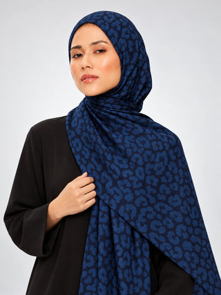 Leopar Desen Premium Jakarlı Şal - Lacivert