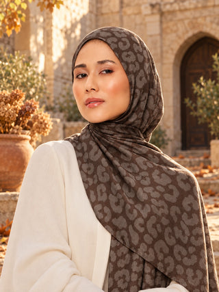 Leopar Desen Premium Jakarlı Şal - Mocha