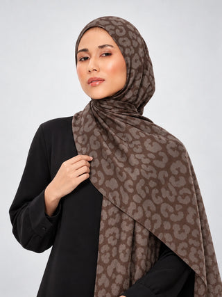 Leopar Desen Premium Jakarlı Şal - Mocha