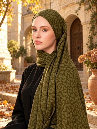 Leopar Desen Premium Jakarlı Şal - Soft Yeşil