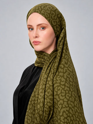 Leopar Desen Premium Jakarlı Şal - Soft Yeşil
