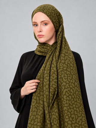 Leopar Desen Premium Jakarlı Şal - Soft Yeşil