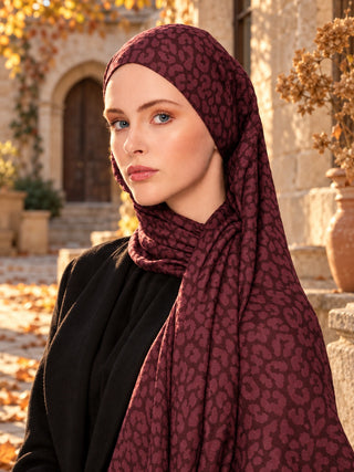 Leopar Desen Premium Jakarlı Şal - Vişne
