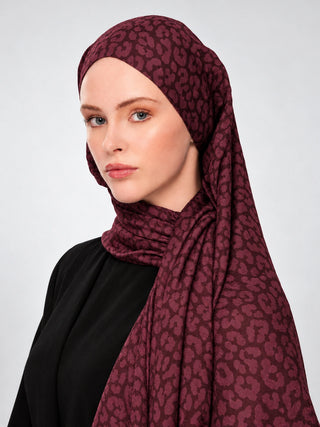 Leopar Desen Premium Jakarlı Şal - Vişne
