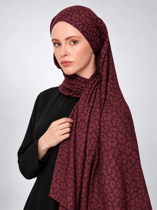 Leopar Desen Premium Jakarlı Şal - Vişne