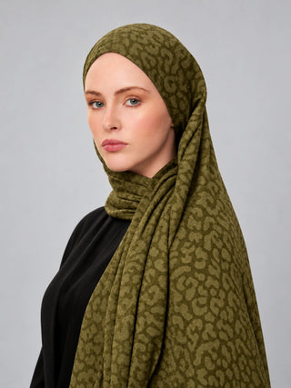 Leopar Desen Premium Jakarlı Şal - Yağ Yeşili