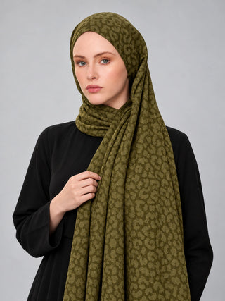Leopar Desen Premium Jakarlı Şal - Yağ Yeşili