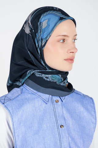 Berly Floş Viskon Eşarp Marin Desen -Lacivert/Mavi