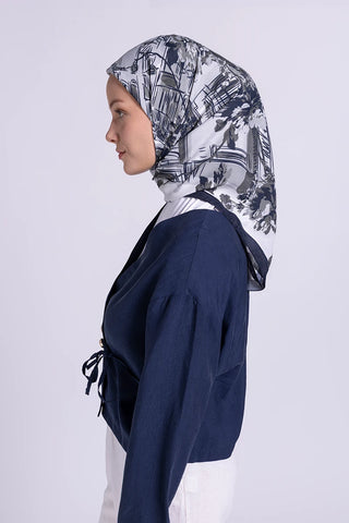 Berly Floş Viskon Eşarp Artwork Desen - Siyah/Gri